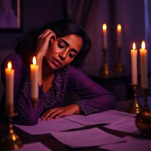 Exhausted woman at a candlelit desk