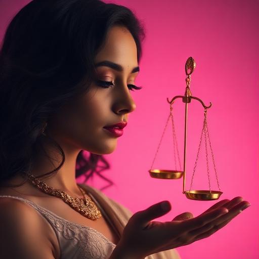 Woman holding a golden scale tipped low